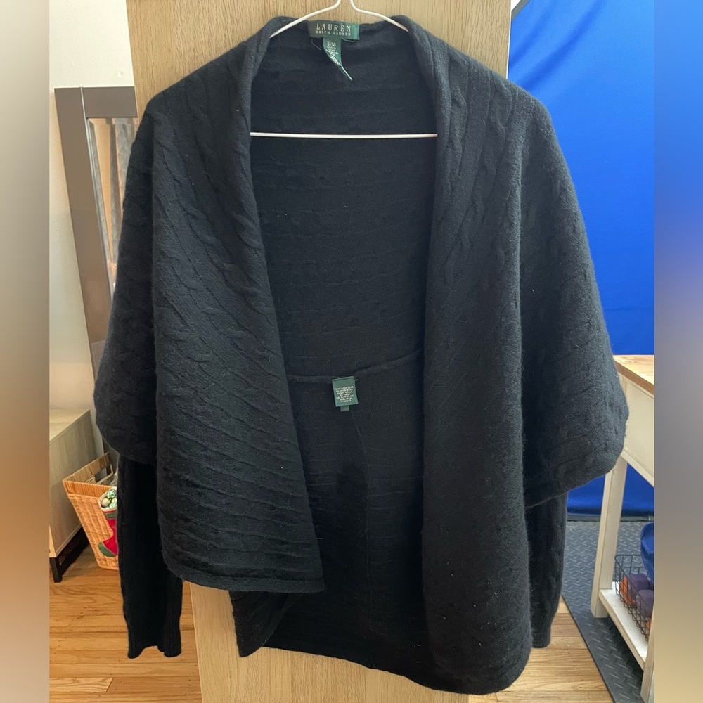 Lauren Ralph Lauren Black S/M‎ Knit Open Front Asymmetrical Cape like Cardigan